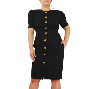 Vintage Black Midi Dress with Gold Buttons